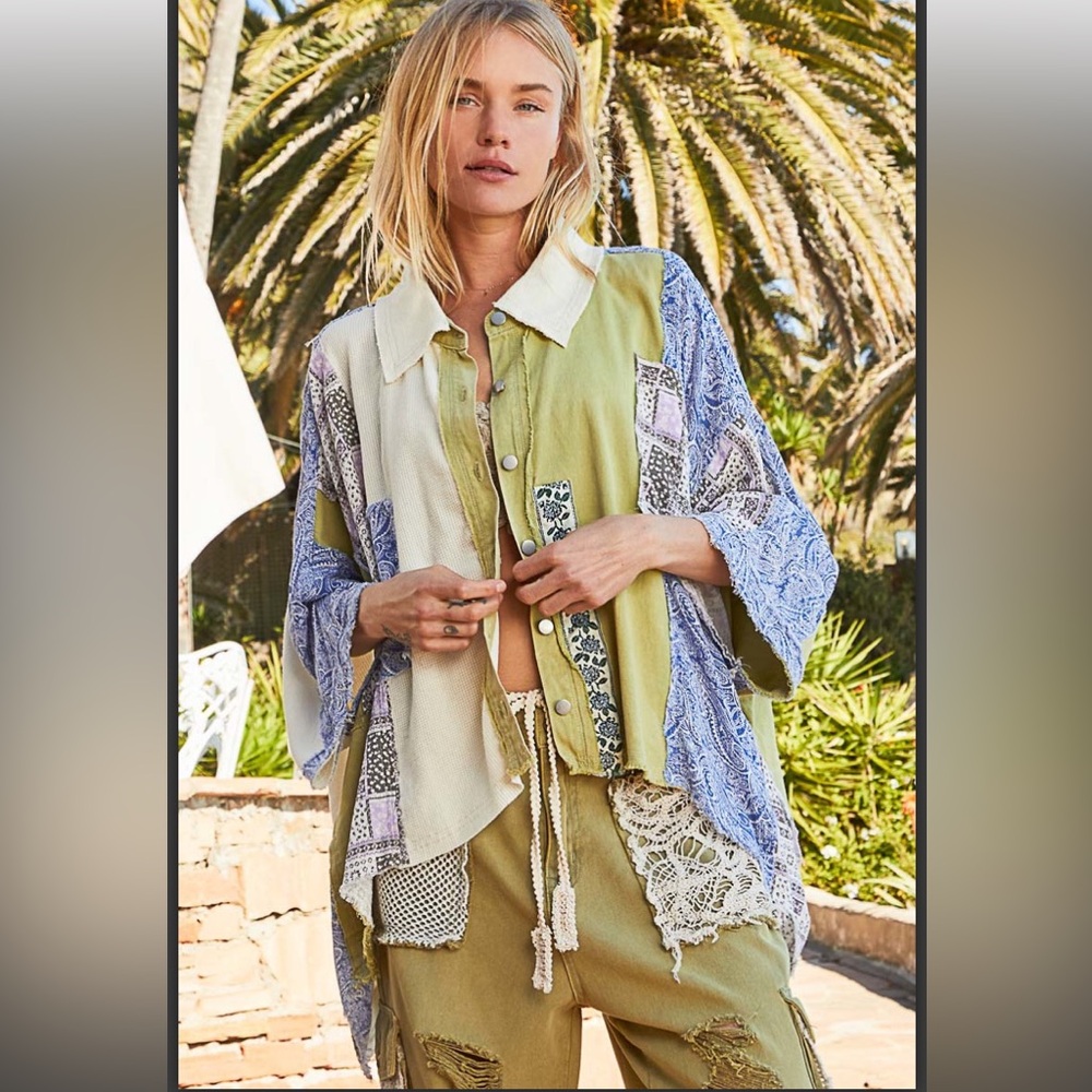 128. Nwot Pol Multicolor Patchwork Button-Up Blou… - image 1